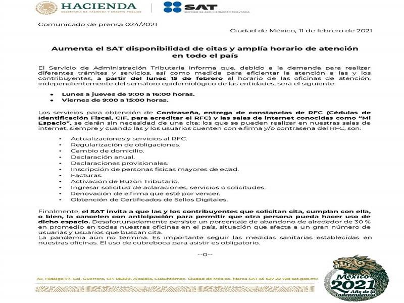 Aumenta SAT citas y ampl&iacute;a horario de atenci&oacute;n ante alta demanda