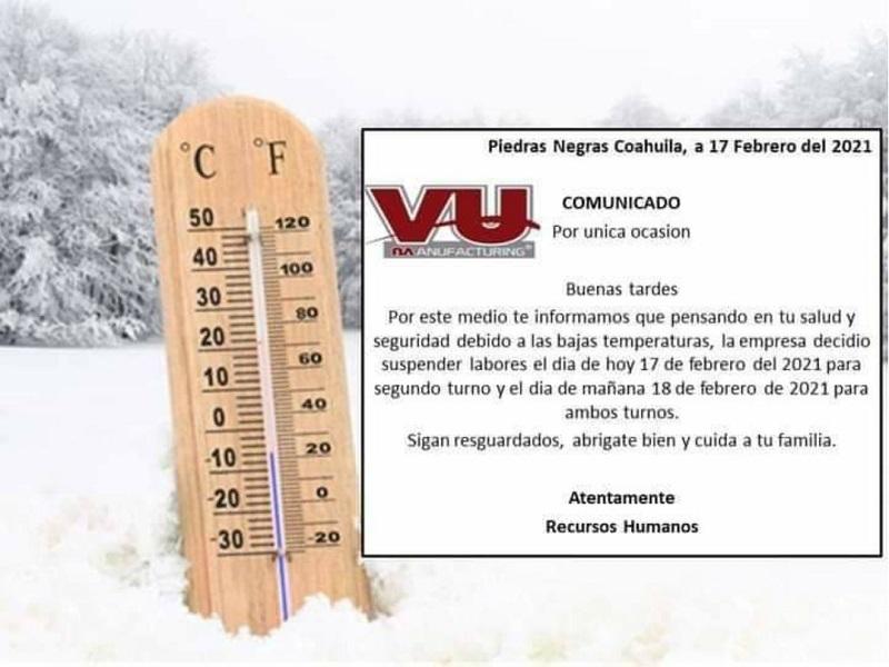 Por temperaturas congelantes, algunas maquiladoras piden a sus trabajadores quedarse en casa