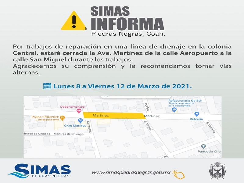 Cerrará Simas por una semana un tramo de la avenida Martínez por reparación de línea de drenaje