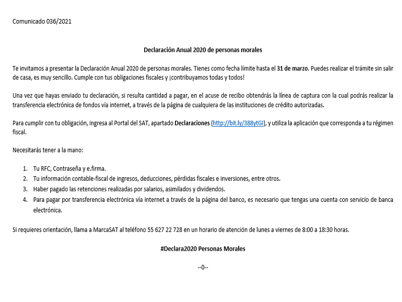 Llama el SAT a personas morales a realizar su declaraci&oacute;n anual