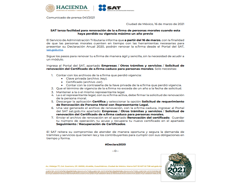 Brinda el SAT facilidad para renovar la Firma Electr&oacute;nica y ampl&iacute;a horarios de atenci&oacute;n 