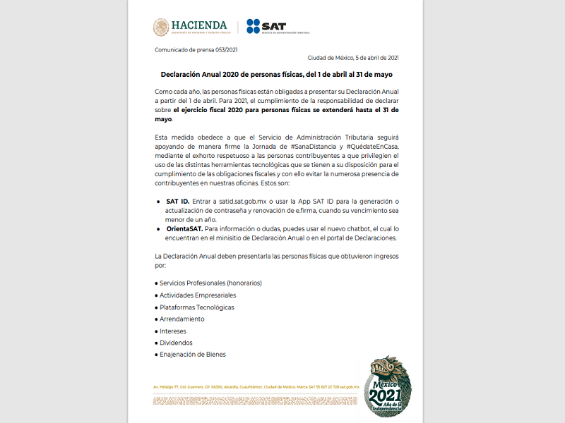 Amplia el SAT a dos meses periodo para la declaraci&oacute;n anual a las personas f&iacute;sicas