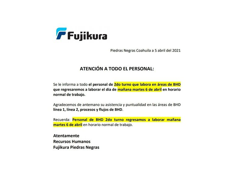 Descanso a personal de Fujikura es por un problema de proveeduría, no laboral, aclara INDEX 