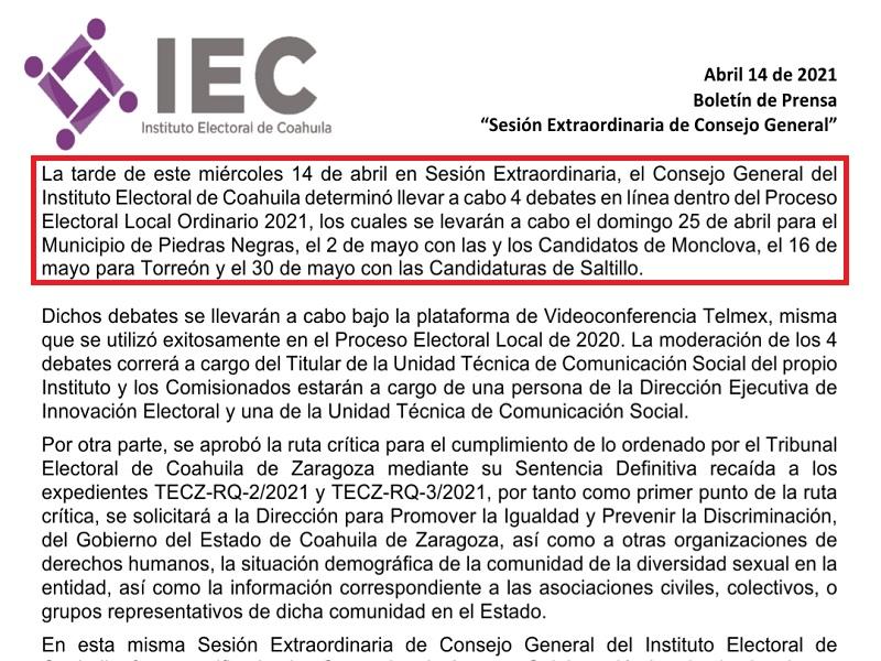 Aprueba IEC debate entre candidatos a la presidencia municipal, falta que acepten 