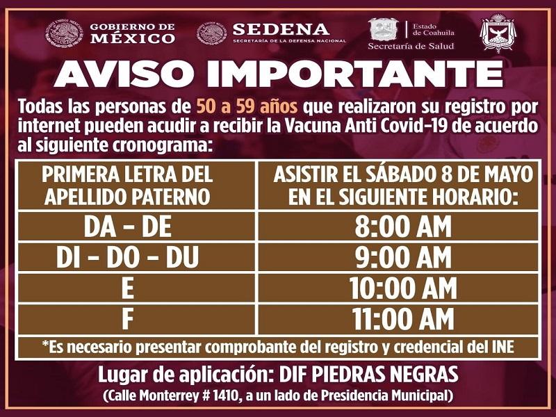 Este s&aacute;bado se vacunan contra el COVID-19 los adultos de 50 a 59 a&ntilde;os cuyo primer apellido inicie con D, E y F