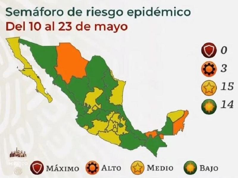México no tiene estados en rojo por COVID, 15 están en amarillo y 14 en verde, entre ellos Coahuila