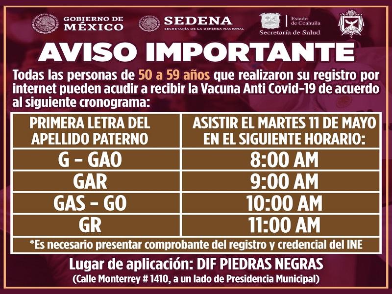 Difunden calendario de vacunaci&oacute;n antiCovid a adultos de 50 a 59 a&ntilde;os en Piedras Negras esta semana