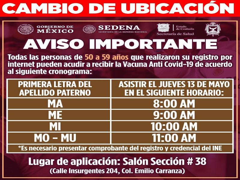 Este jueves vacunan contra el COVID-19 a adultos de 50 a 59 a&ntilde;os cuyo apellido inicia con M, el viernes de la N a la R