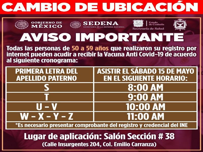Este s&aacute;bado vacunan contra el COVID-19 a adultos de 50 a 59 a&ntilde;os de la S y a la Z; el domingo a rezagados