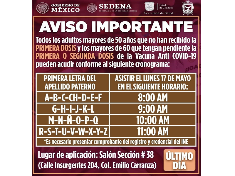 Este lunes es el &uacute;ltimo d&iacute;a de aplicaci&oacute;n de la vacuna antiCovid en Piedras Negras