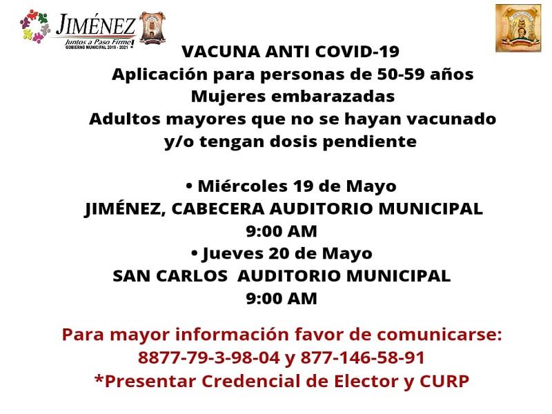 Mi&eacute;rcoles y jueves vacunar&aacute;n contra el COVID-19 a adultos de 50 a 59 a&ntilde;os, embarazadas y rezagados de 60+ en Jim&eacute;nez