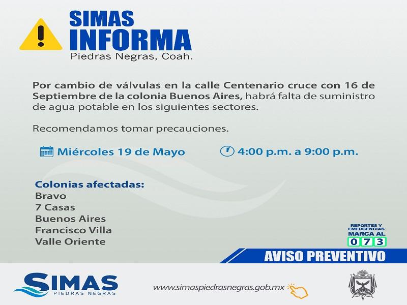 Anuncia SIMAS falta de agua en cinco colonias de Piedras Negras este mi&eacute;rcoles