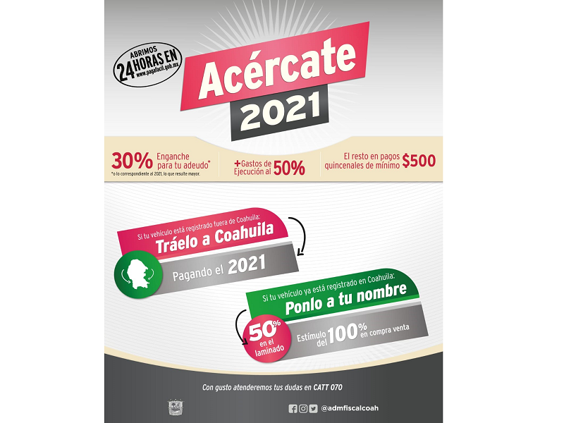 Invita estado a aprovechar programas de control vehicular y ponerse al corriente con Ac&eacute;rcate a Coahuila
