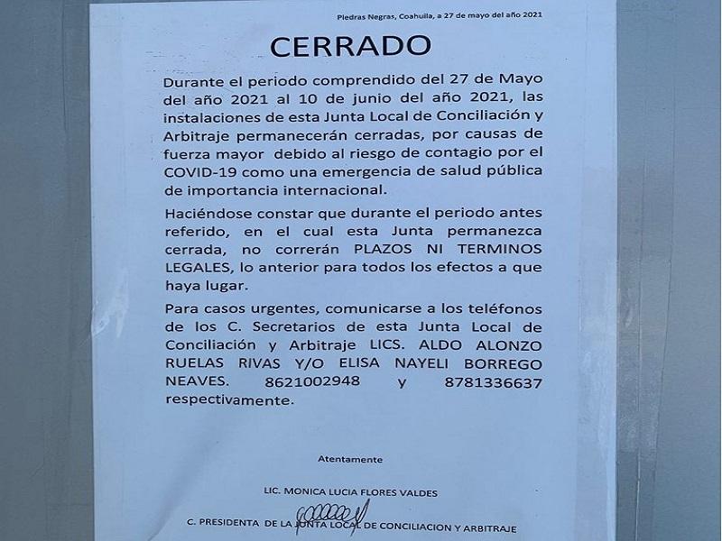 Cierran la Junta de Conciliaci&oacute;n y Arbitraje de Piedras Negras por brote de Covid
