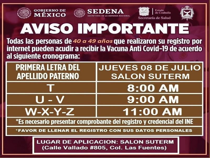 Este jueves vacunan contra el COVID-19 a personas de 40 a 49 a&ntilde;os de la T a la Z, rezagados y embarazadas
