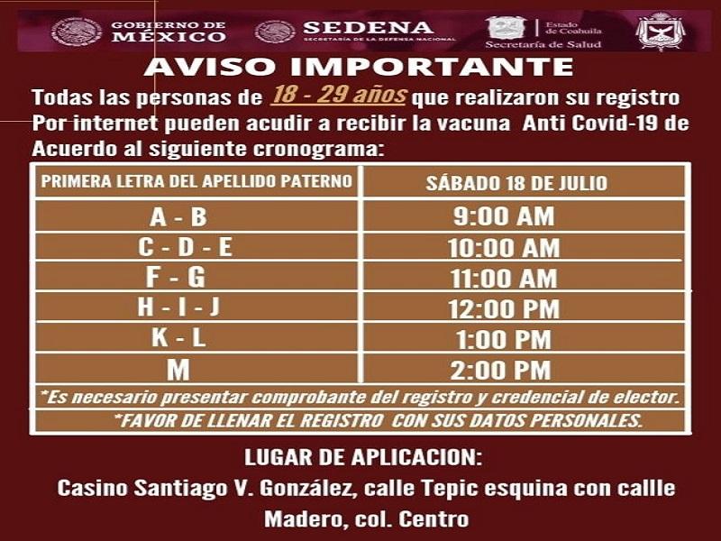 Este es el cronograma para la vacunación antiCovid a personas de 18 a 39 años en Nava este sábado y domingo