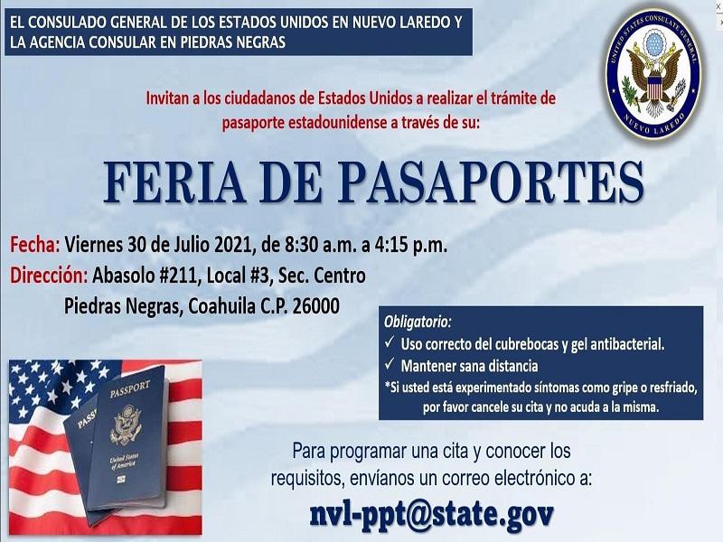Realizarán Feria del Pasaporte para ciudadanos americanos el 30 de julio en Piedras Negras