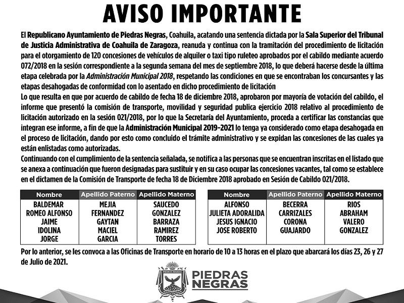 Convoca ayuntamiento a 9 personas designadas a ocupar concesiones de taxi vacantes