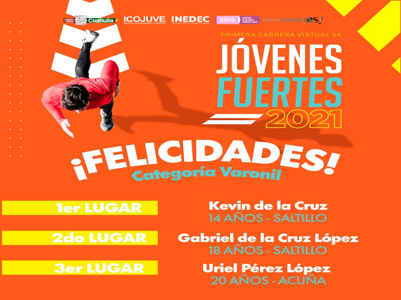 Coahuila anuncia a ganadores de la primera carrera virtual 5K Jóvenes Fuertes 2021
