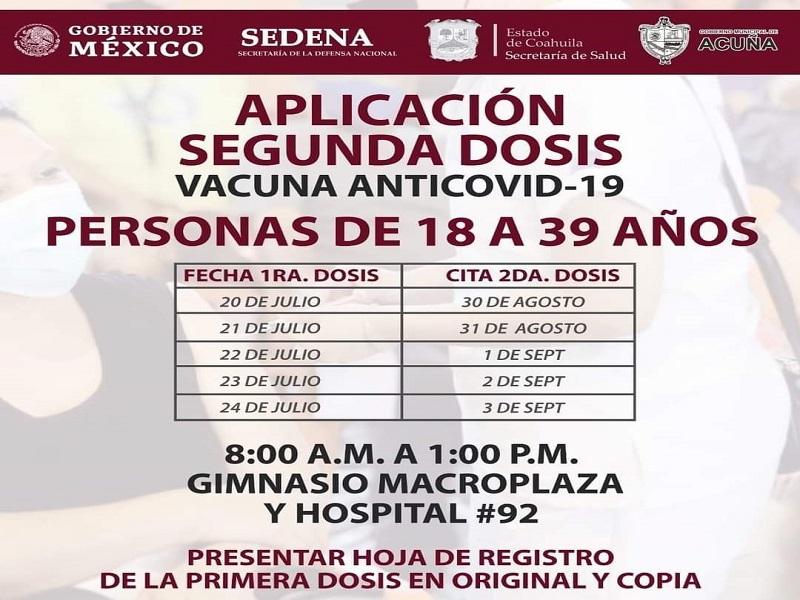 Arranca el lunes aplicación de segunda dosis de vacuna antiCovid para personas de 18 a 39 años en Acuña