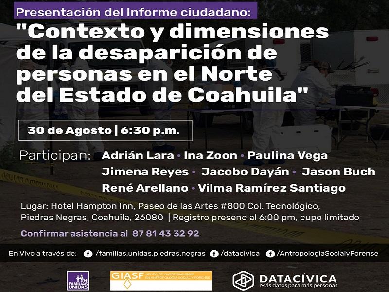 Presentará Familias Unidas el informe ciudadano: Contexto y dimensiones de la desaparición de personas en el norte de Coahuila