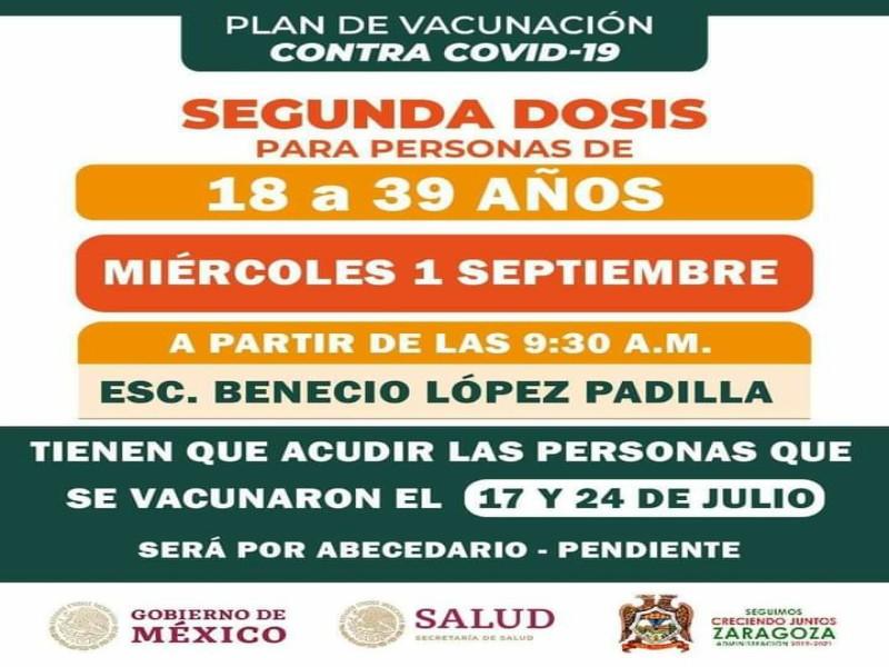 Este miércoles aplicarán segunda dosis antiCovid a quienes recibieron la primera el 17 y 24 de julio en Zaragoza