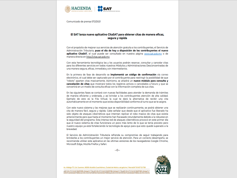 Lanzan CitaSAT para obtener citas de manera r&aacute;pida tras m&aacute;s de un a&ntilde;o de quejas