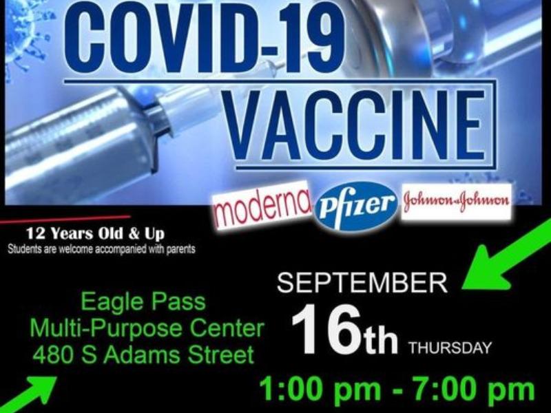 Este jueves 16 de septiembre realizarán otra jornada de vacunación antiCovid en Eagle Pass para menores y adultos